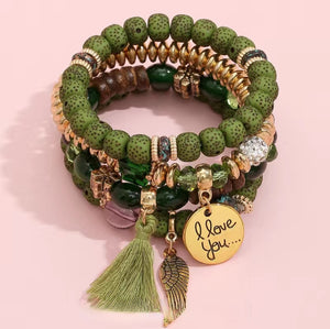Boho LOVE- Green beaded Charm Bracelets
