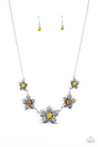 Wallflower Wonderland- Yellow/Orange And Silver Necklace And Earrings